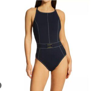 New! Blue Rod Beattie A Fine Line Belted Cross Back One‎ Piece Swimsuit